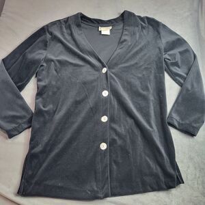 Enchante Jacket Womens Size Medium Sweater Blouse Black Velvet Mother Pearl Snap